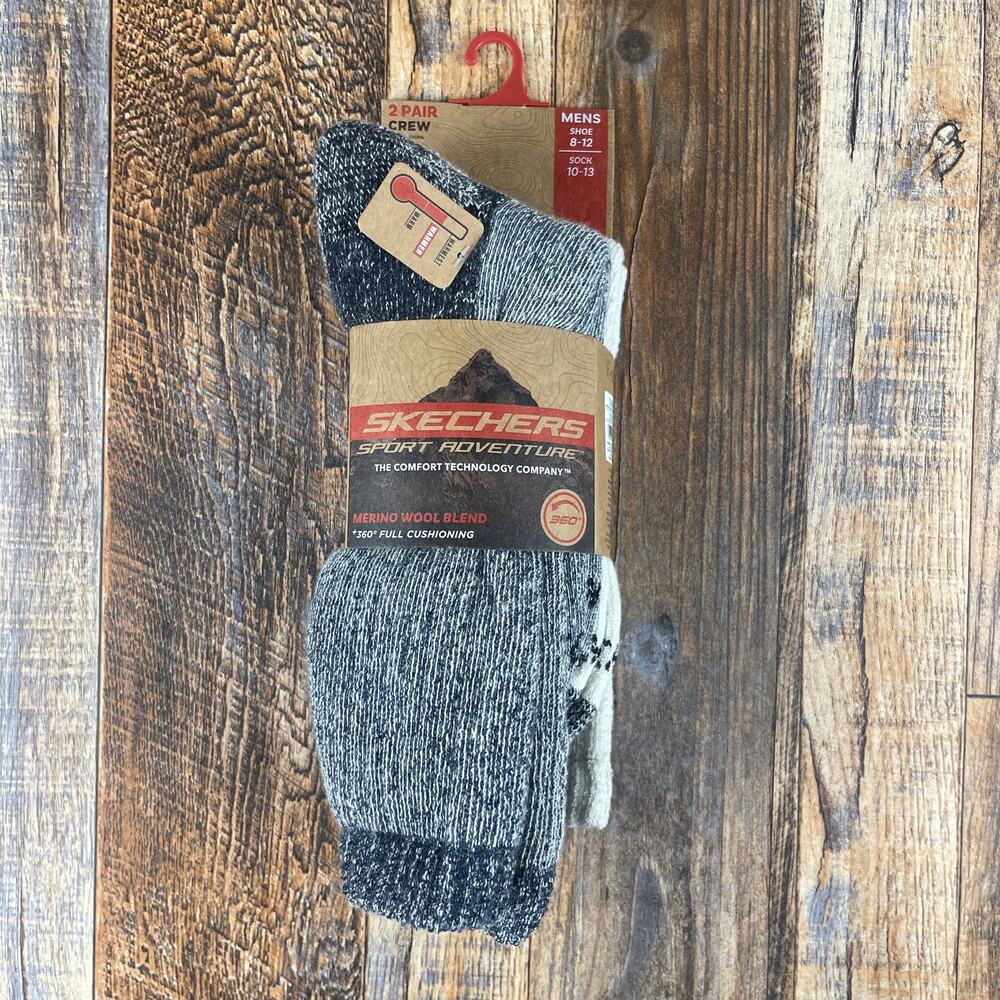 Skechers Mens 8-12 Gray White Sport Adventure Merino Wool Blend Hiking Socks 2pk